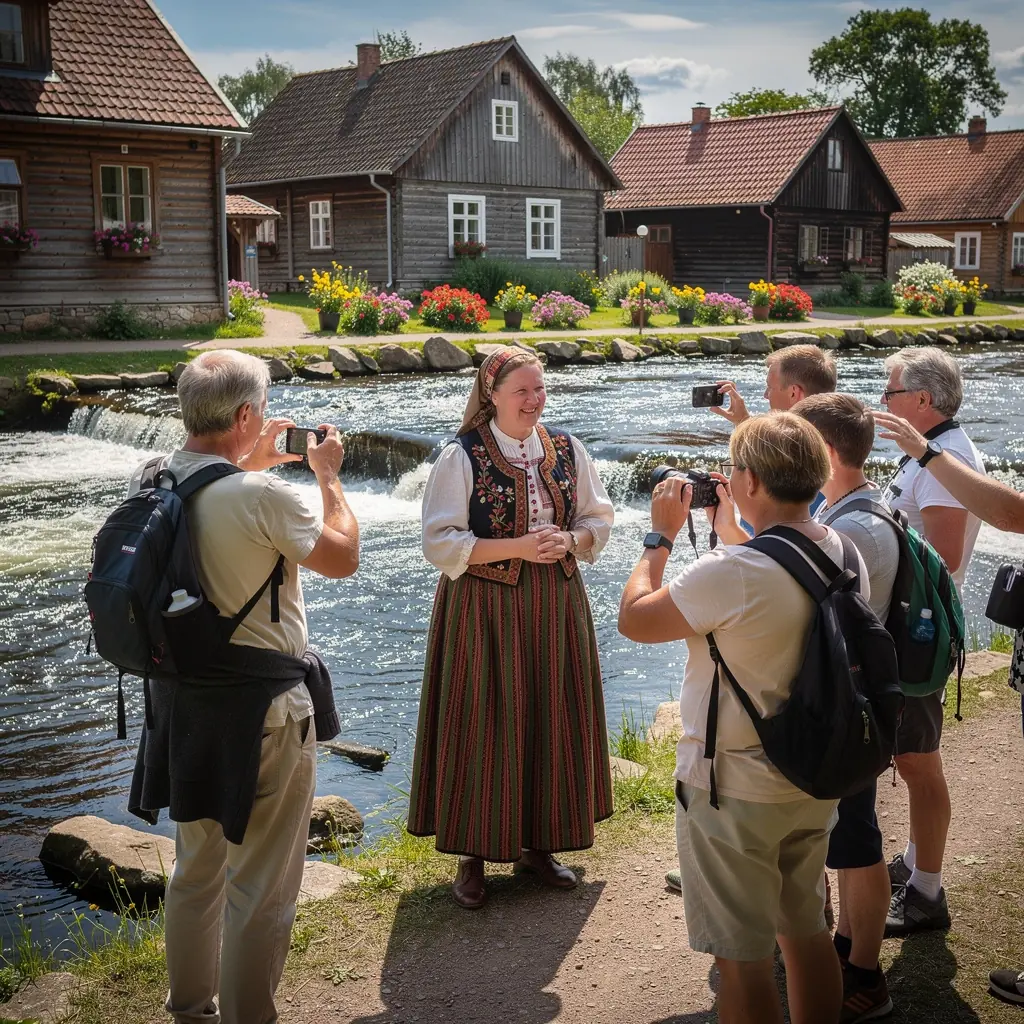 A picturesque landscape of Latvian countryside featuring rolling hills and lush greenery, perfect for a peaceful drive.